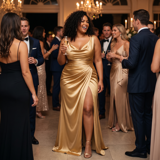 Satin cowl neck high slit maxi dress, lifestyle