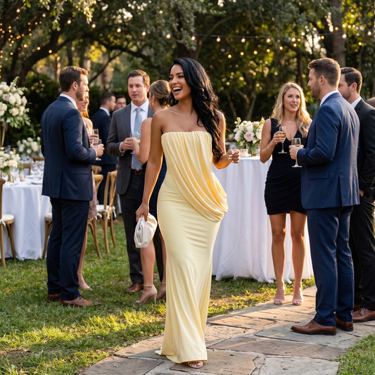 Strapless draped maxi dress, lifestyle