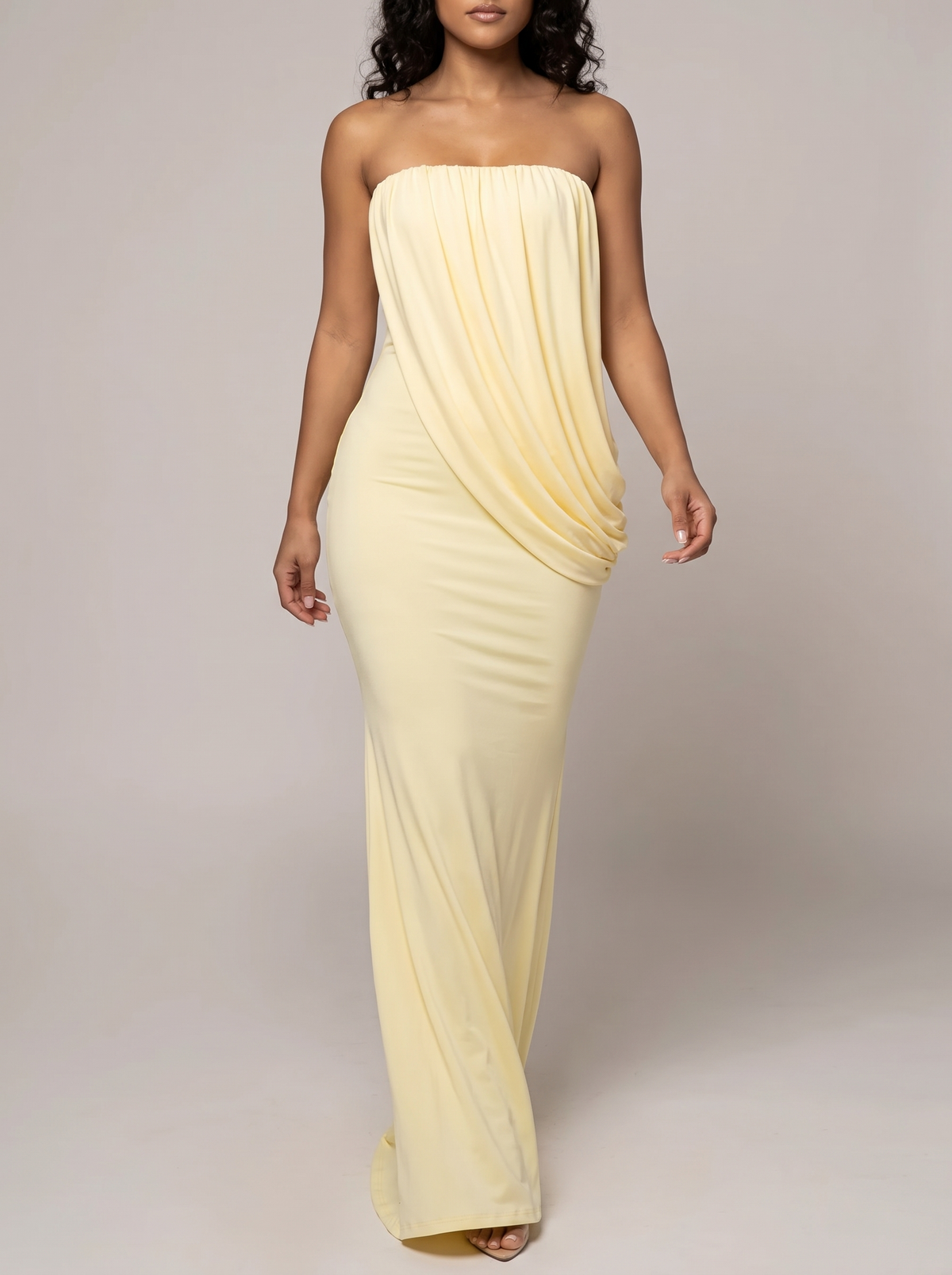 Strapless draped maxi dress, walking pose