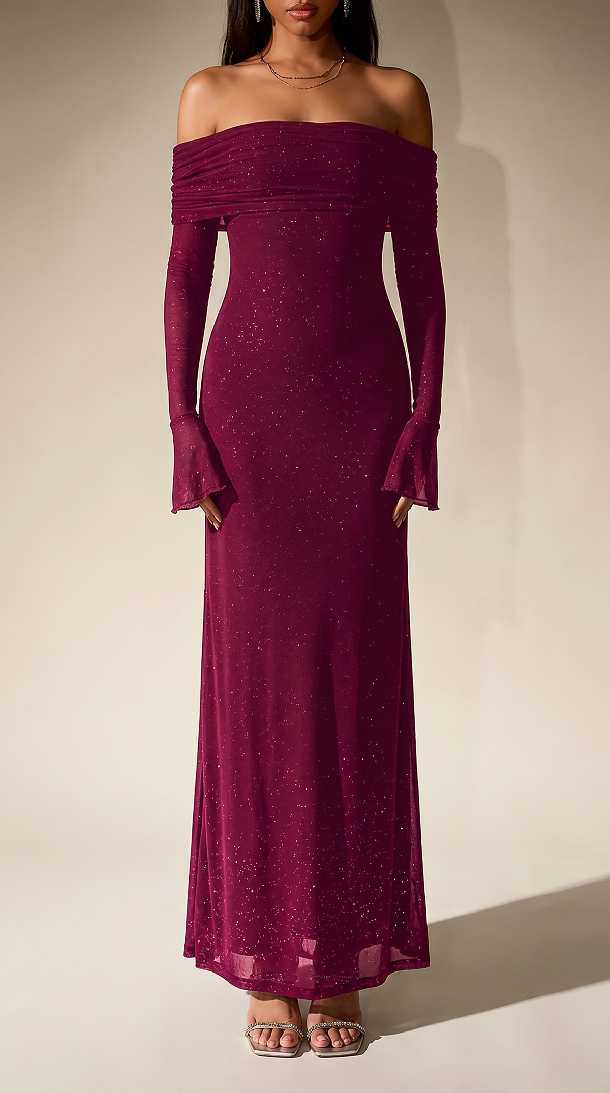 Dark red glitter off-shoulder maxi dress, front view