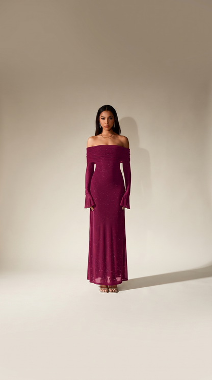 Dark red glitter off-shoulder maxi dress, full length front view