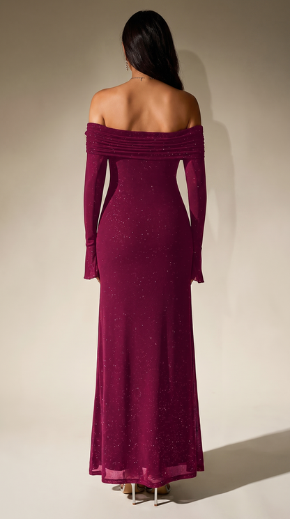 Dark red glitter off-shoulder maxi dress, back view