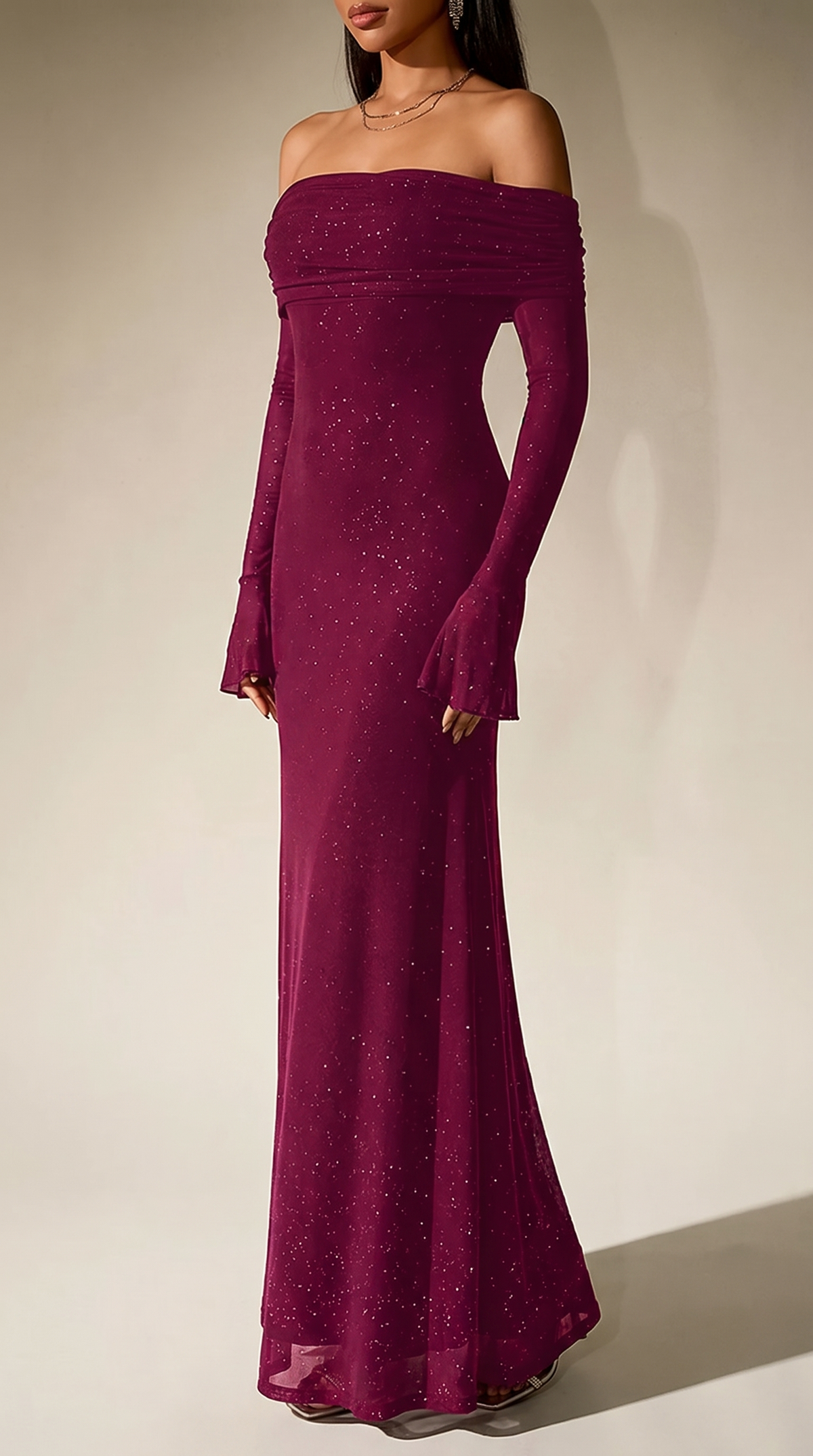 Dark red glitter off-shoulder maxi dress, side view