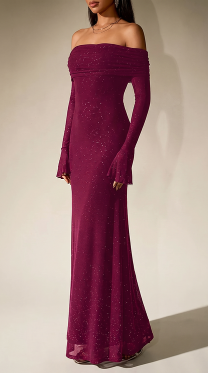 Dark red glitter off-shoulder maxi dress, side view