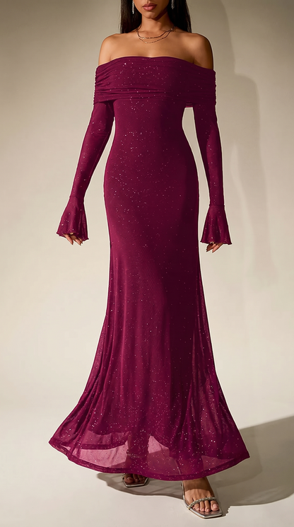 Dark red glitter off-shoulder maxi dress, walking pose