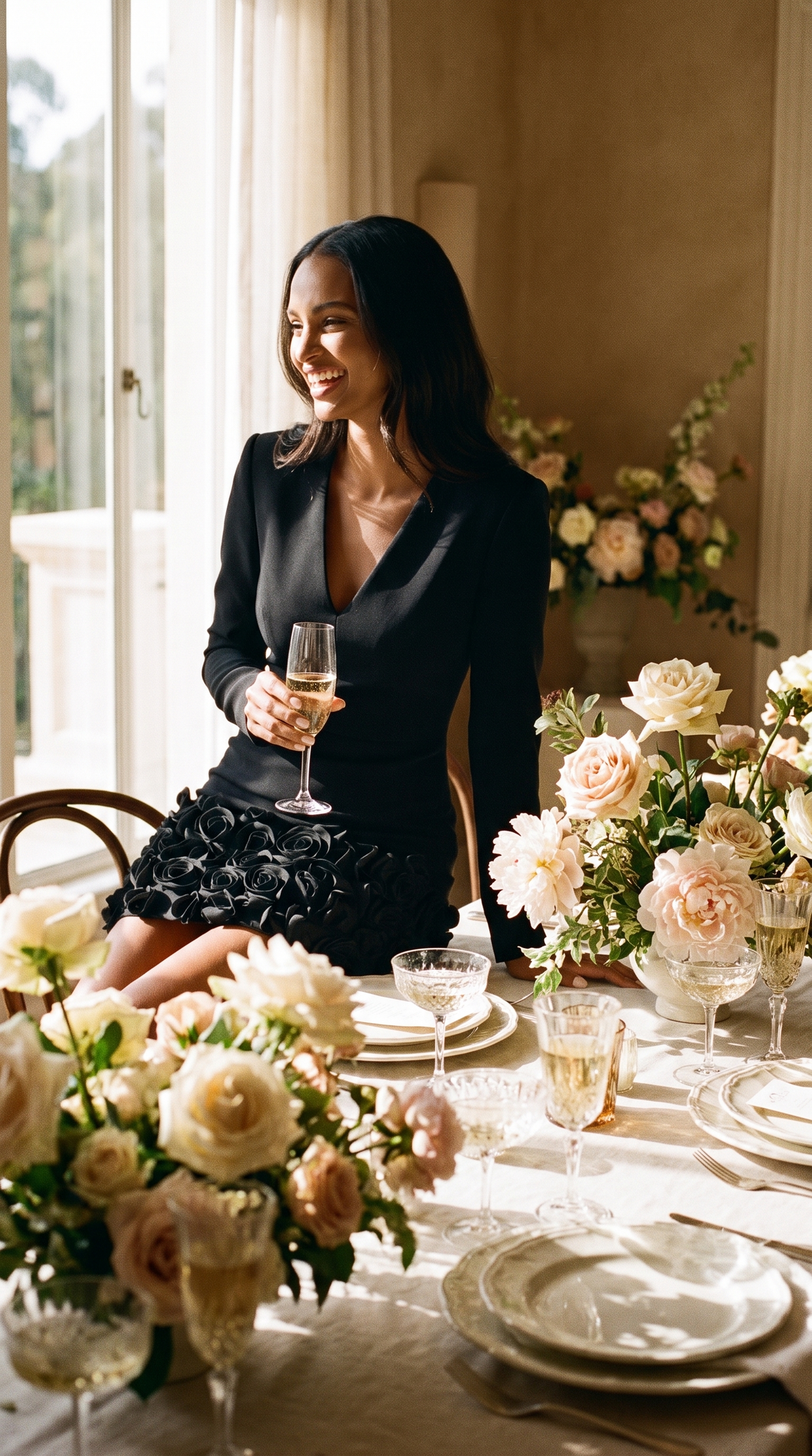 Rose embellished V neck dress seated at a daytime celebration table