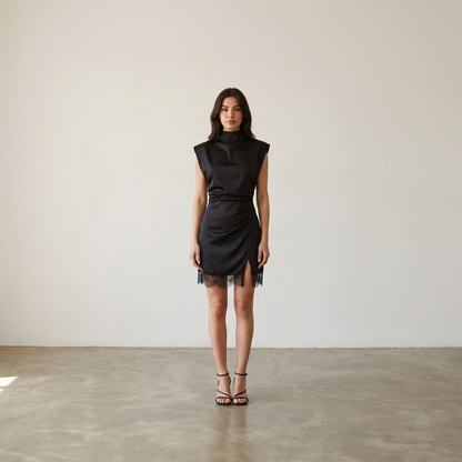 Black satin mock neck mini dress with lace hem, full length editorial