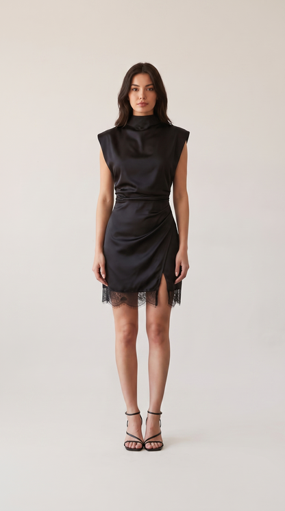 Black satin mock neck mini dress with lace hem, front view