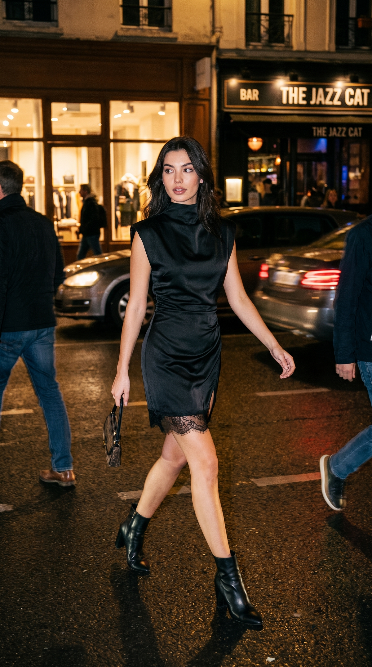 Black satin mock neck mini dress on a city street at night
