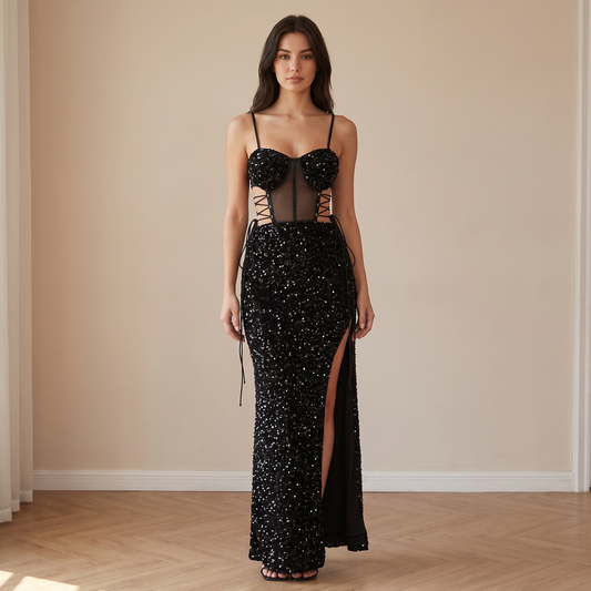 Black sequin lace-up corset maxi dress with high slit, full length editorial