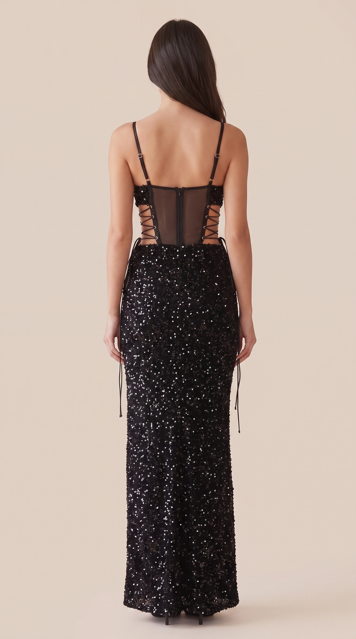 Black sequin lace-up corset maxi dress, back view