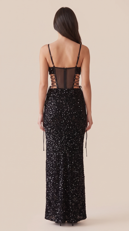 Black sequin lace-up corset maxi dress, back view