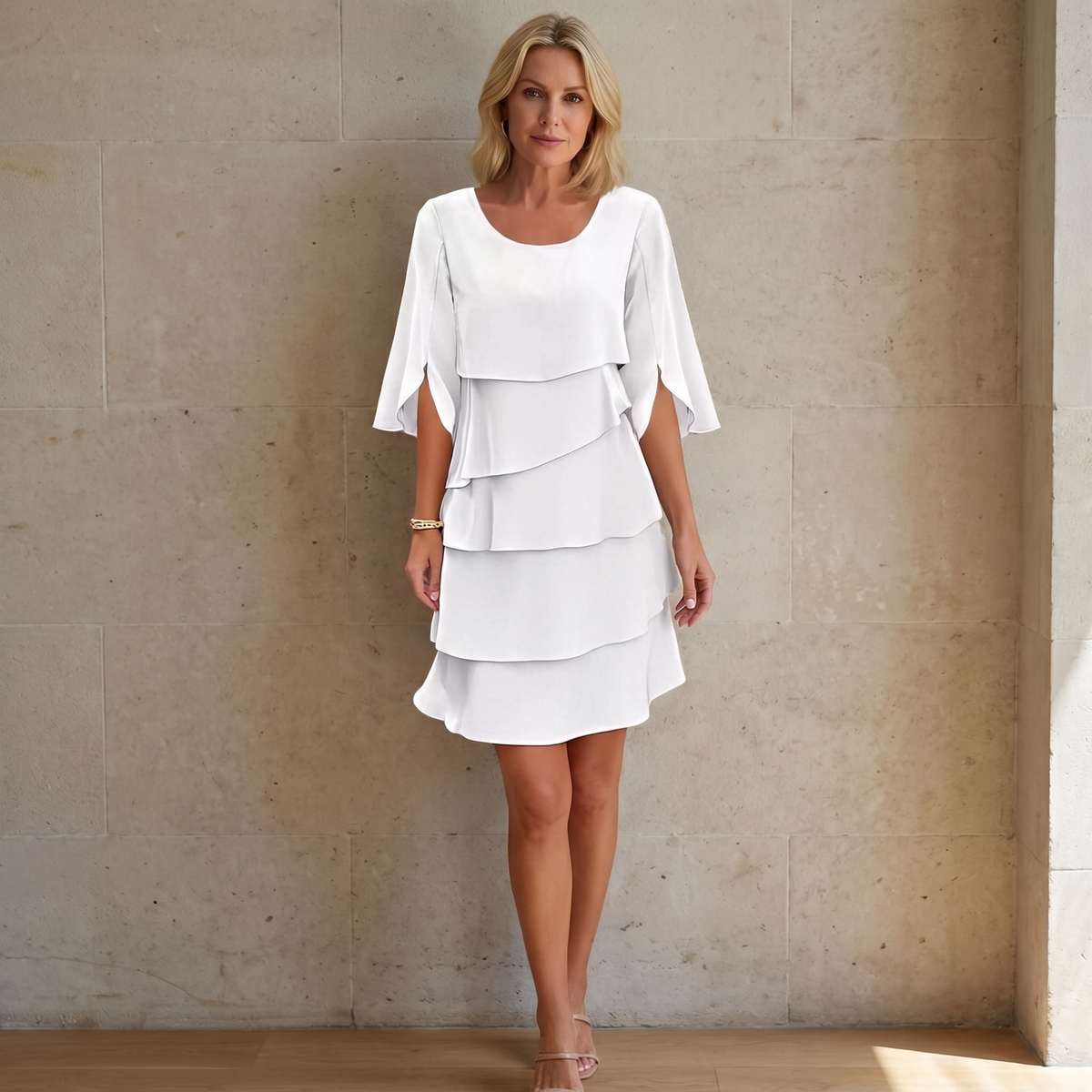 Ruffled layered flutter sleeve dress, full length editorial