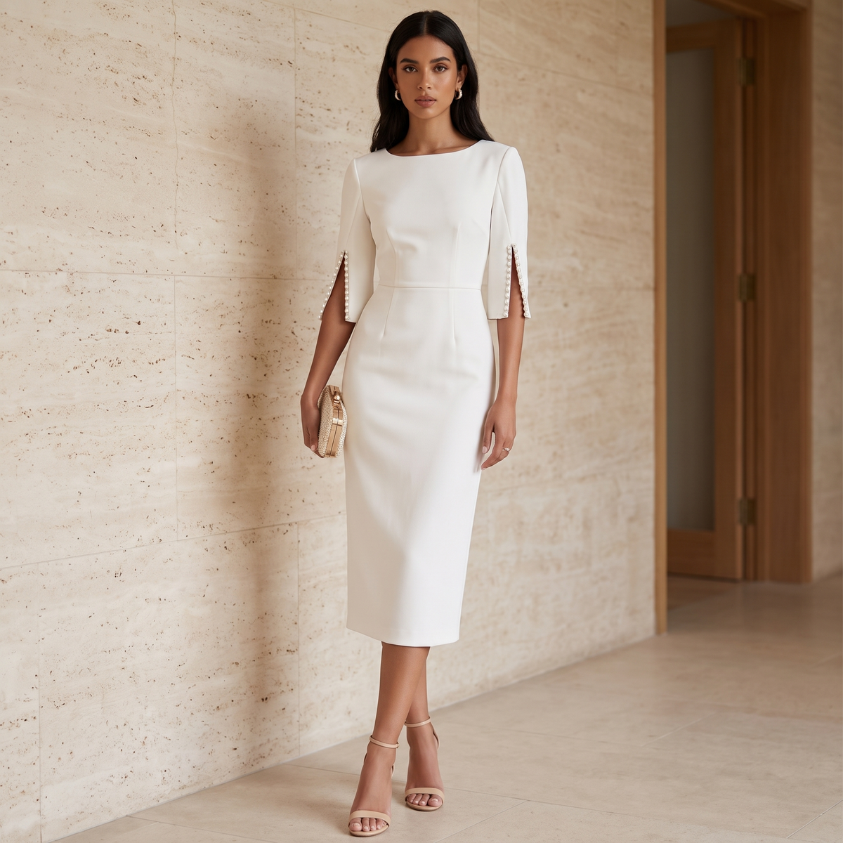Slim-fit elegant midi dress with beaded slit sleeve, full length editorial