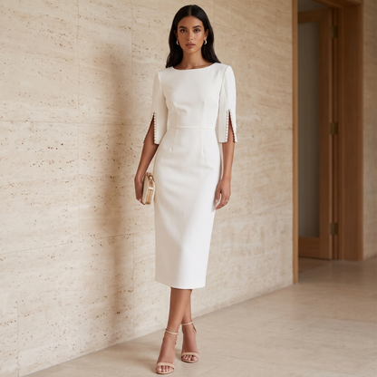 Slim-fit elegant midi dress with beaded slit sleeve, full length editorial