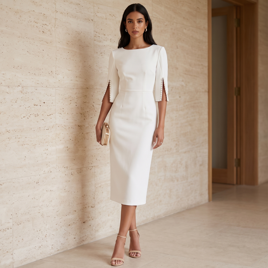 Slim-fit elegant midi dress with beaded slit sleeve, full length editorial