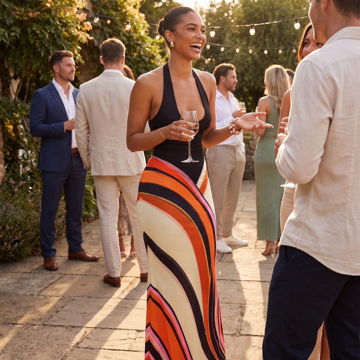 Halter neck maxi dress with abstract print, lifestyle