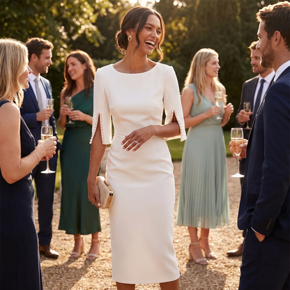 Slim-fit elegant midi dress with beaded slit sleeve, lifestyle