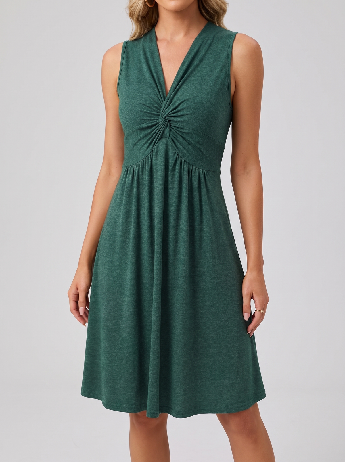 Sleeveless twist knot front casual dress, bodice detail