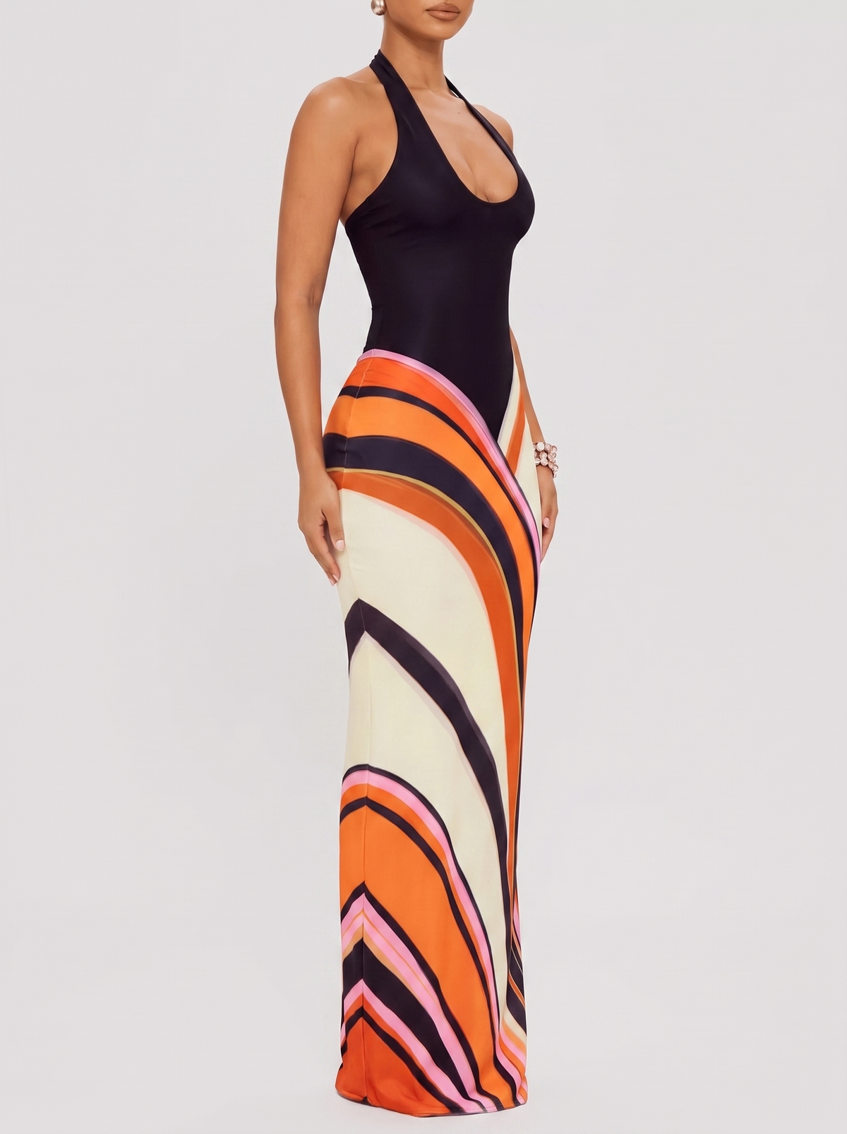 Halter neck maxi dress with abstract print, side view