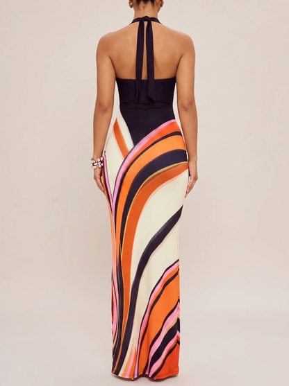 Halter neck maxi dress with abstract print, back view