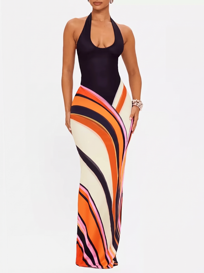 Halter neck maxi dress with abstract print, front view
