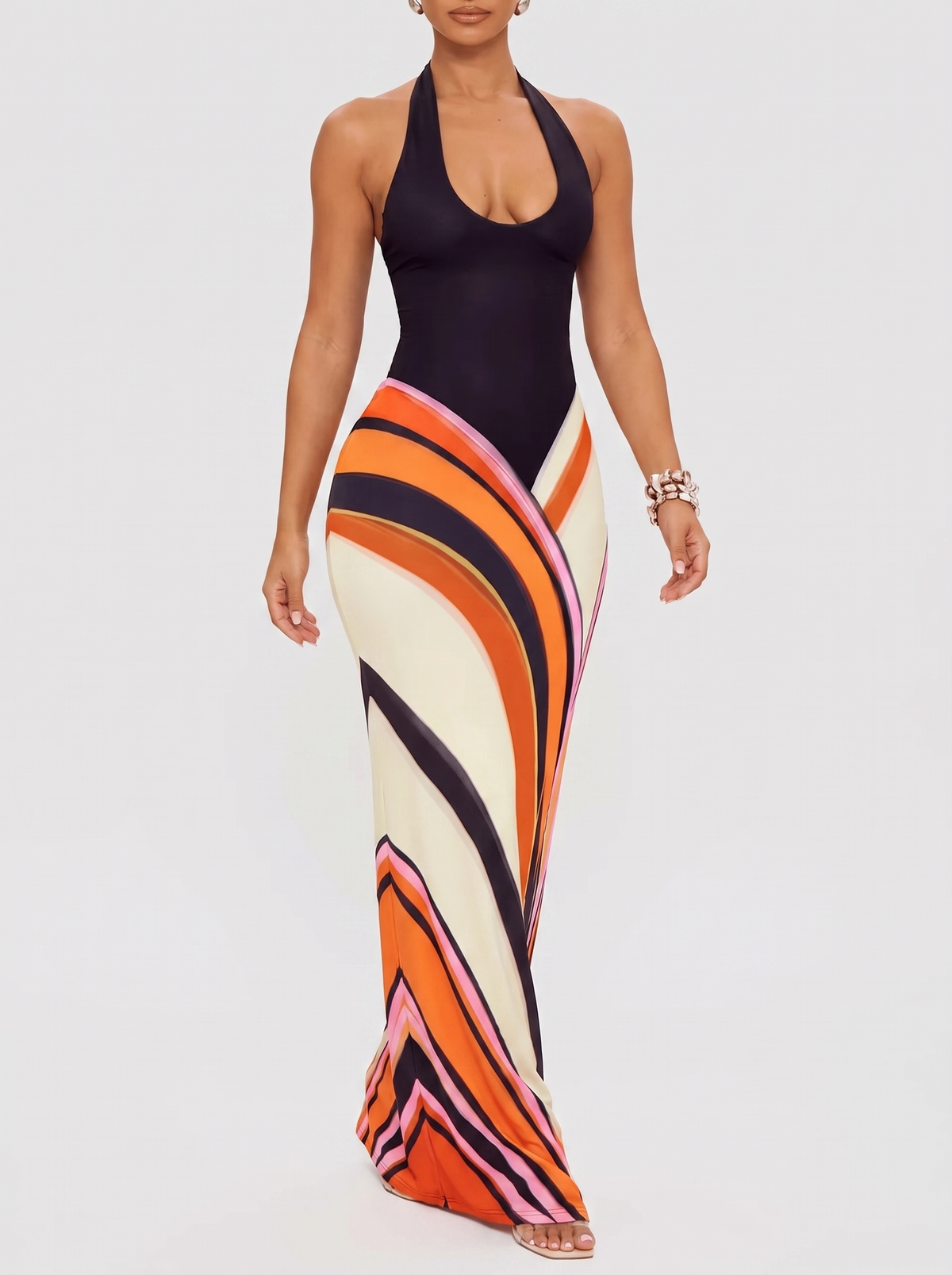 Halter neck maxi dress with abstract print, walking pose