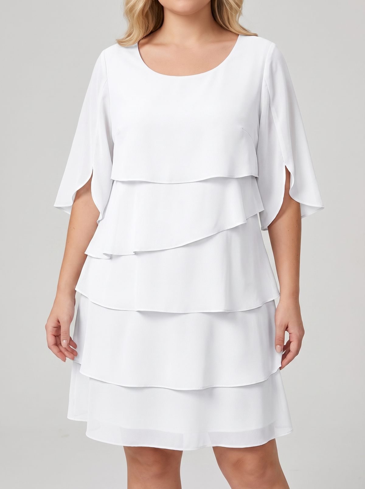 Ruffled layered flutter sleeve dress, sleeve and bodice detail