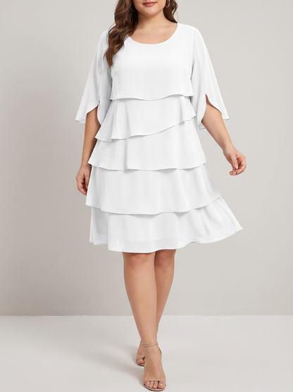 Ruffled layered flutter sleeve dress, walking pose