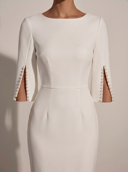 Slim-fit elegant midi dress with beaded slit sleeve, sleeve and bodice detail