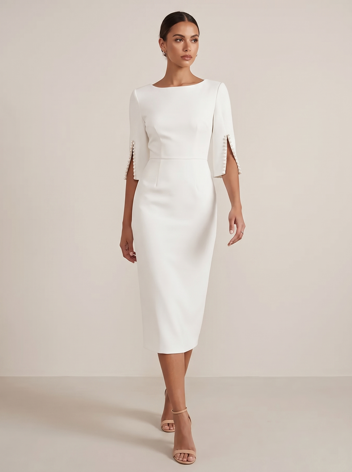 Slim-fit elegant midi dress with beaded slit sleeve, walking pose