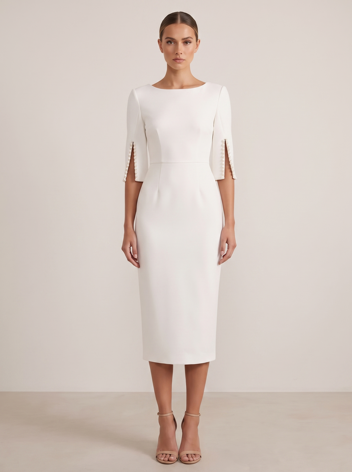 Slim-fit elegant midi dress with beaded slit sleeve, front view