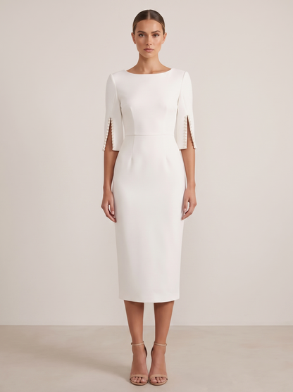 Slim-fit elegant midi dress with beaded slit sleeve, front view