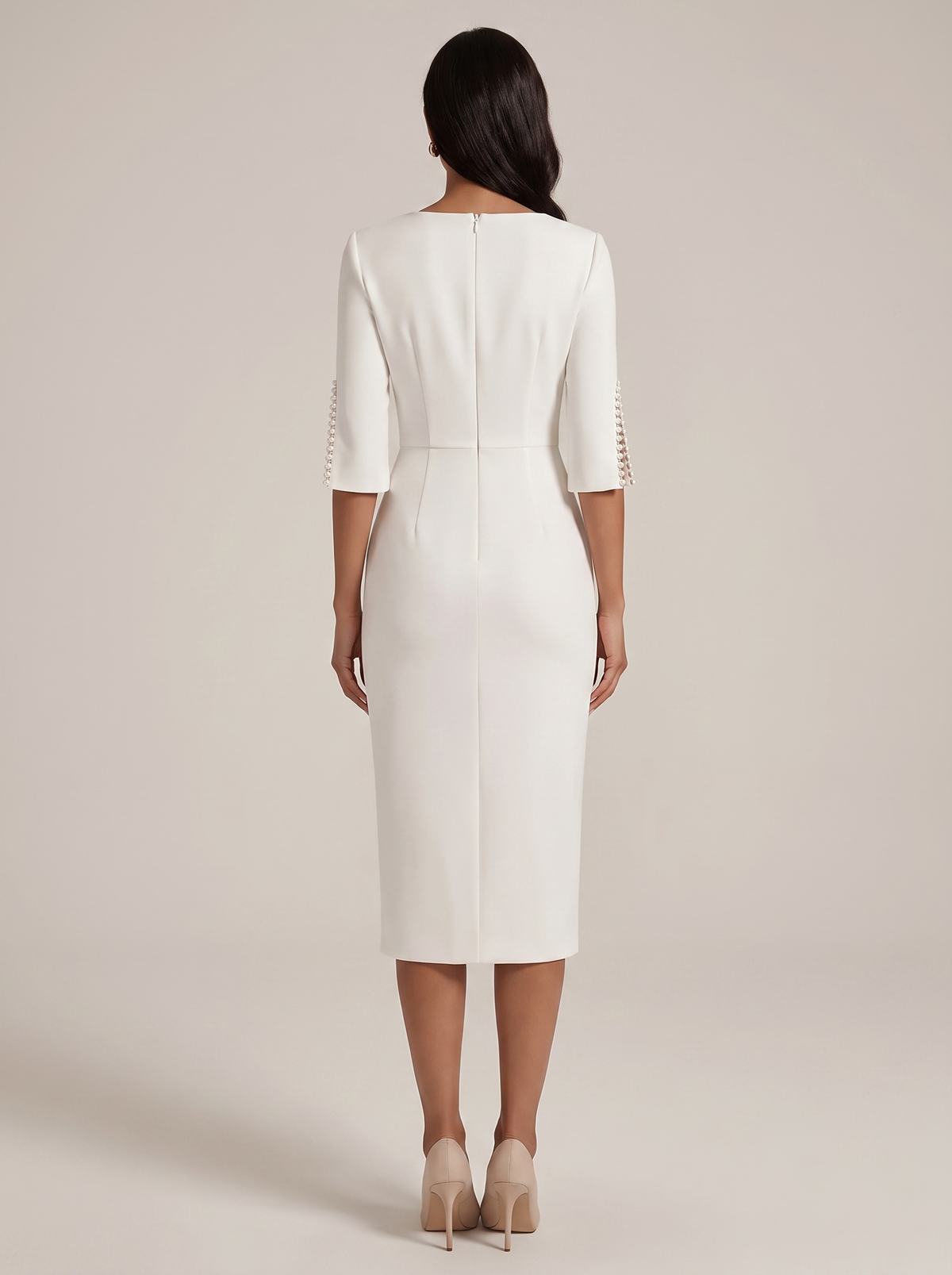 Slim-fit elegant midi dress with beaded slit sleeve, back view