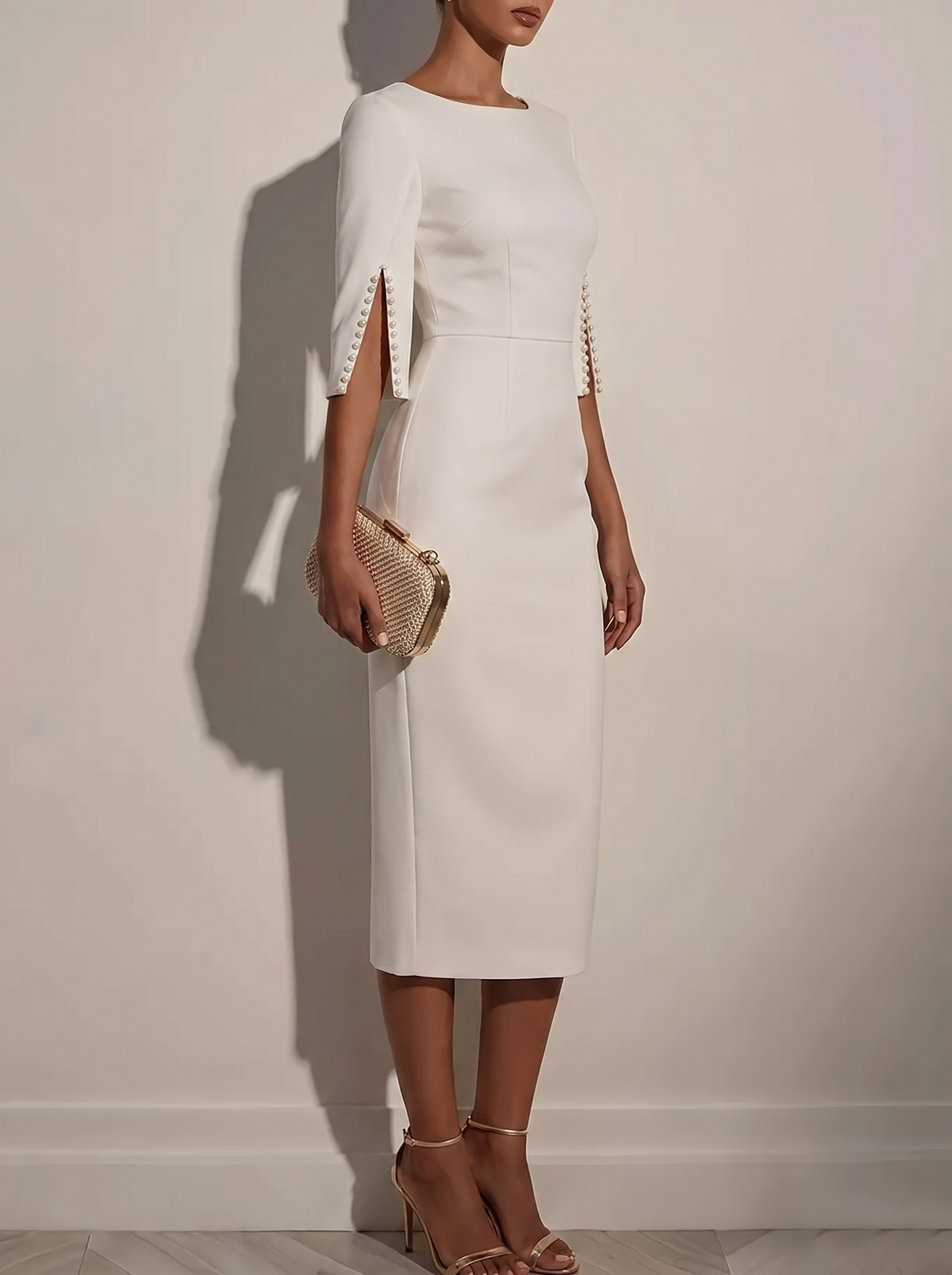 Slim-fit elegant midi dress with beaded slit sleeve, side view
