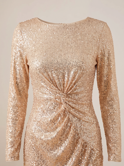 Sequin knot round neck long sleeve mini dress, neckline and knot detail