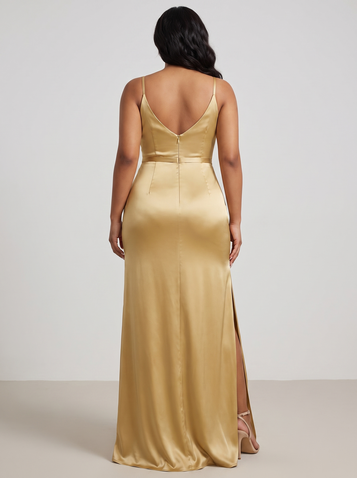 Satin cowl neck high slit maxi dress, back view