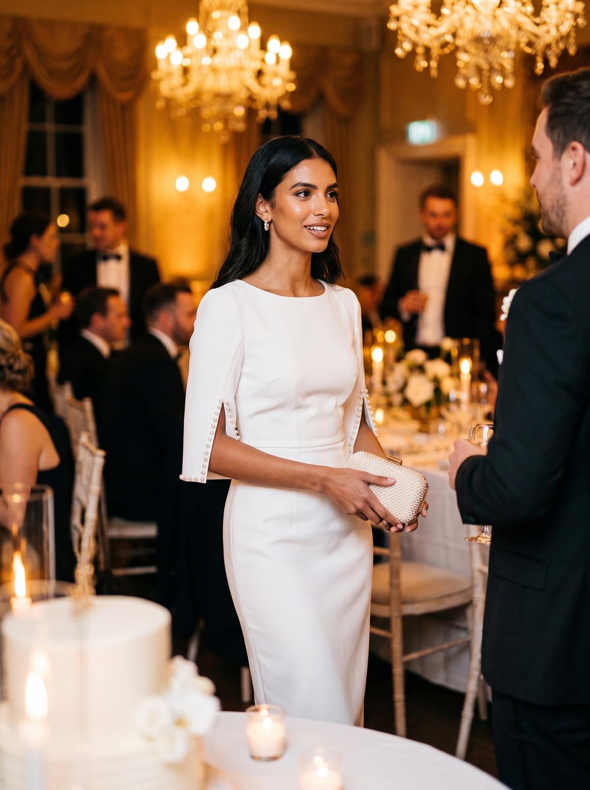 Beaded sleeve slim fit midi dress at a wedding reception