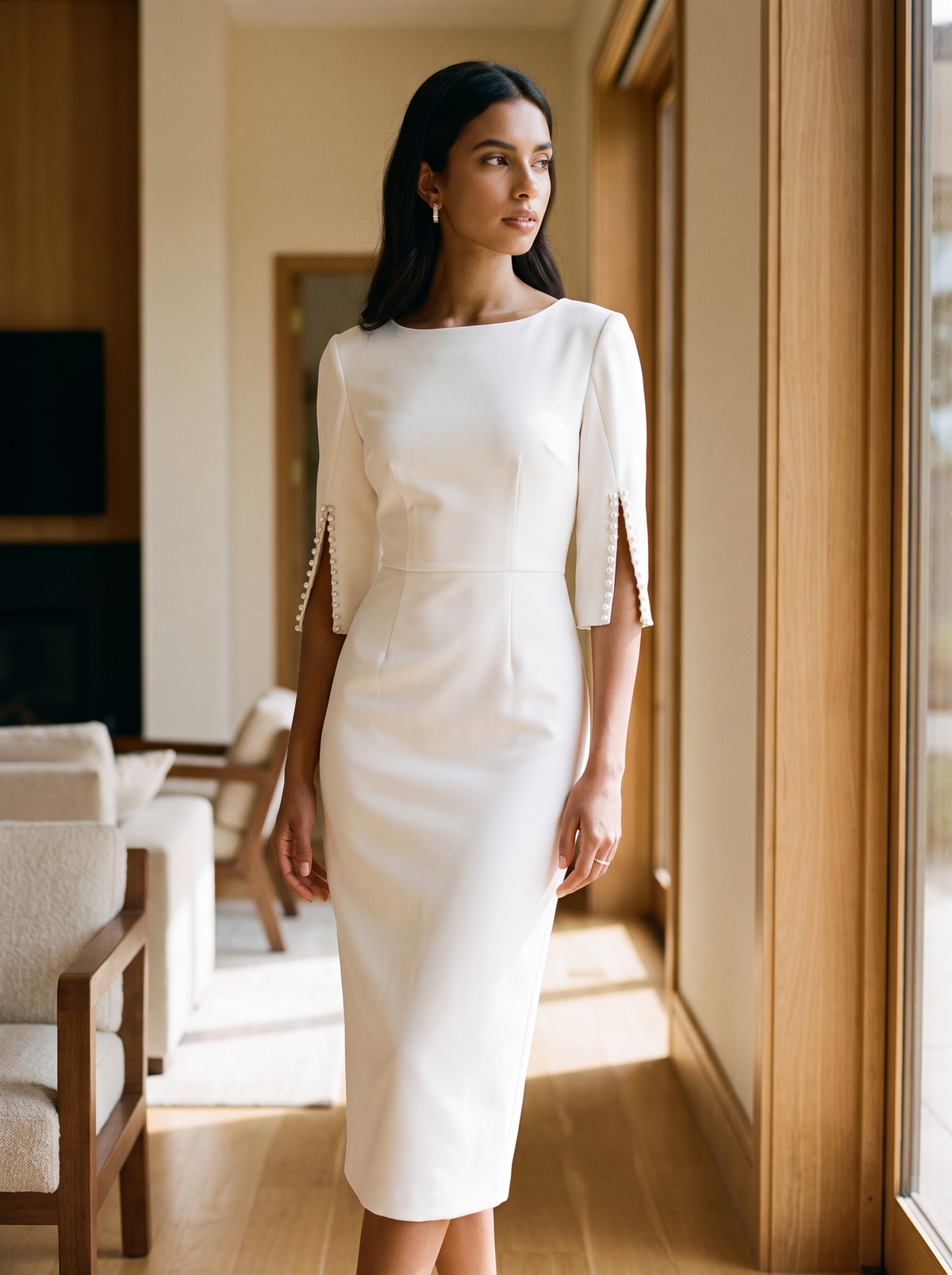 Slim line of the beaded sleeve midi dress in soft daylight