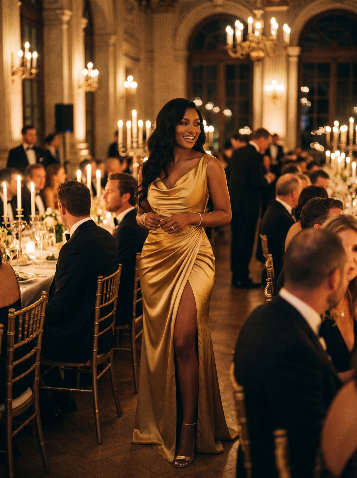 Satin cowl neck maxi dress at a black tie dinner