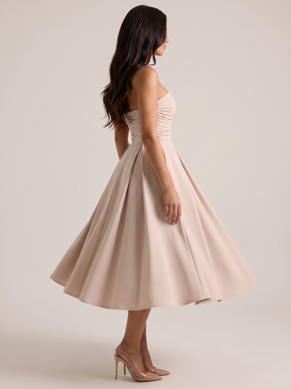 Strapless ruched A-line midi dress, side view