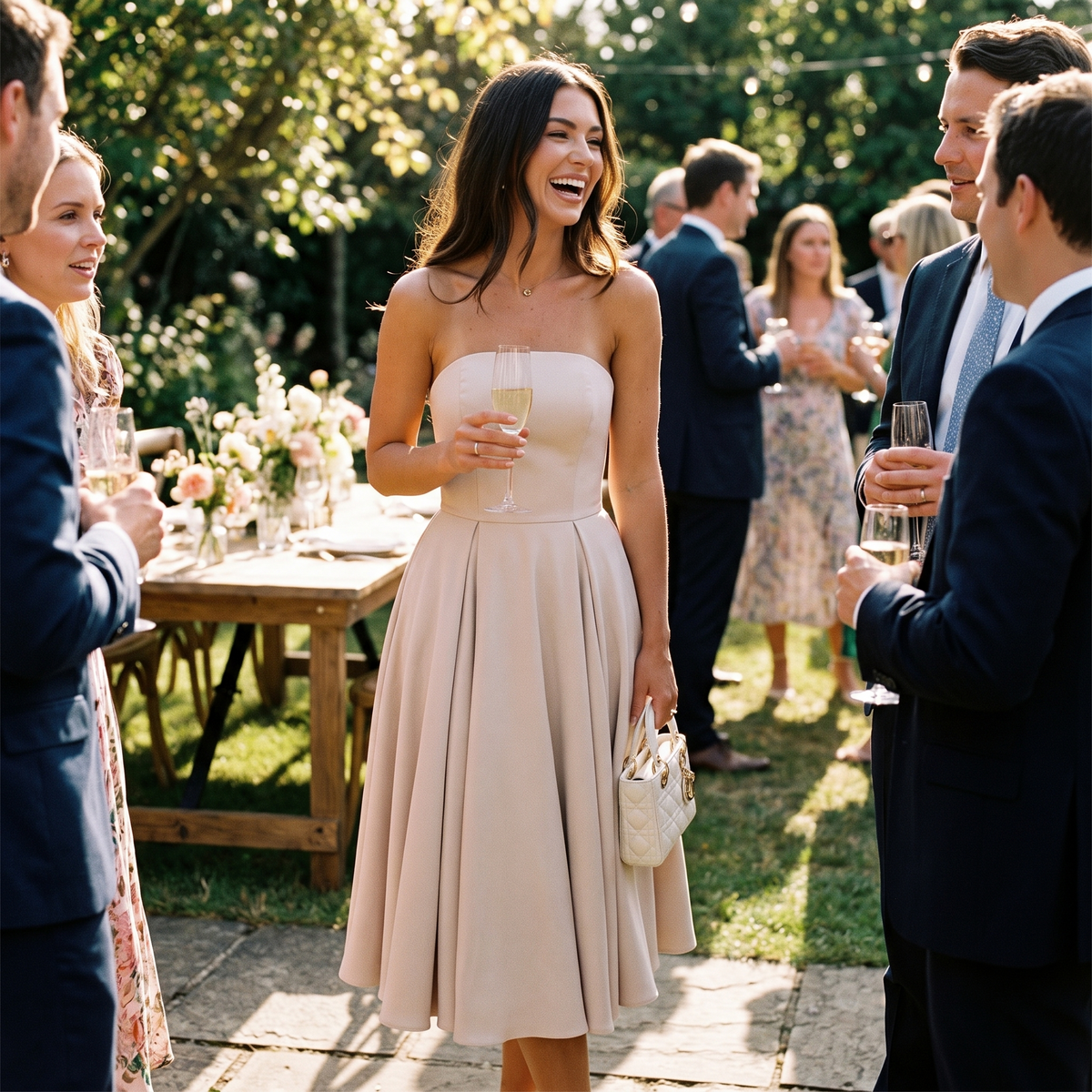 Strapless ruched A-line midi dress, lifestyle