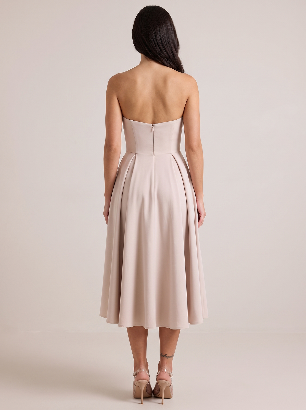 Strapless ruched A-line midi dress, back view