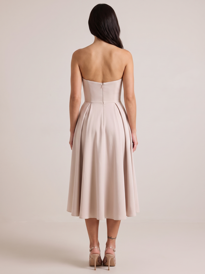 Strapless ruched A-line midi dress, back view