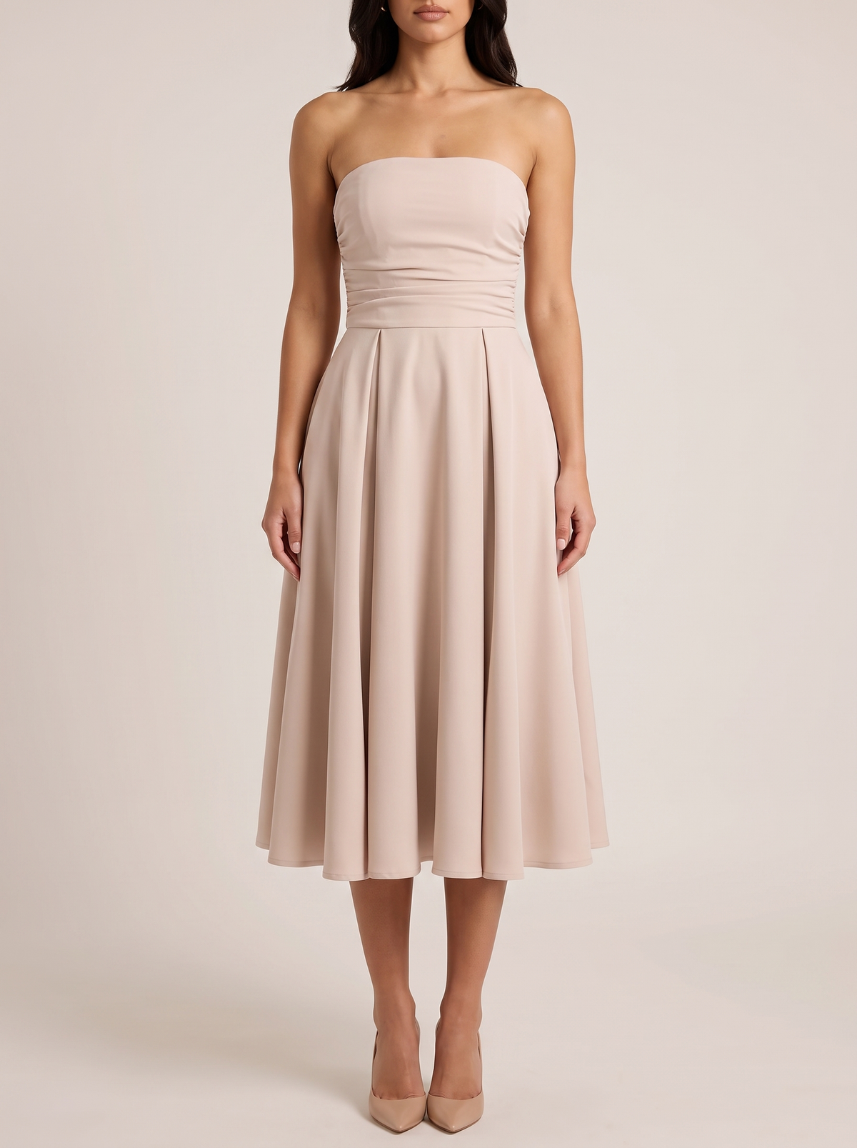 Strapless ruched A-line midi dress, front view