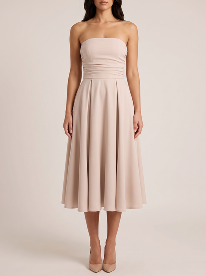 Strapless ruched A-line midi dress, front view
