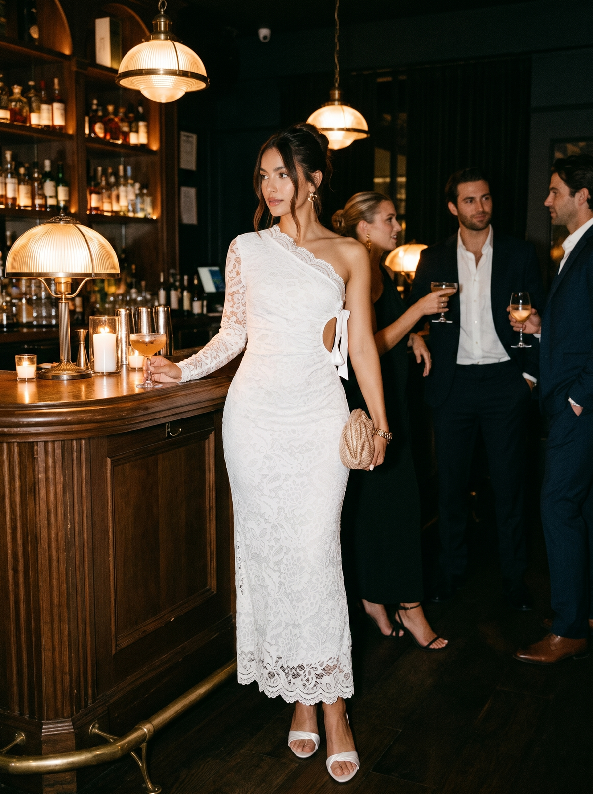 One shoulder lace cut out midi dress at an evening bar