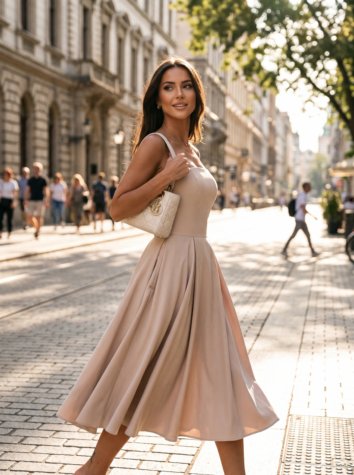 Strapless ruched A line midi dress on a sunlit city street