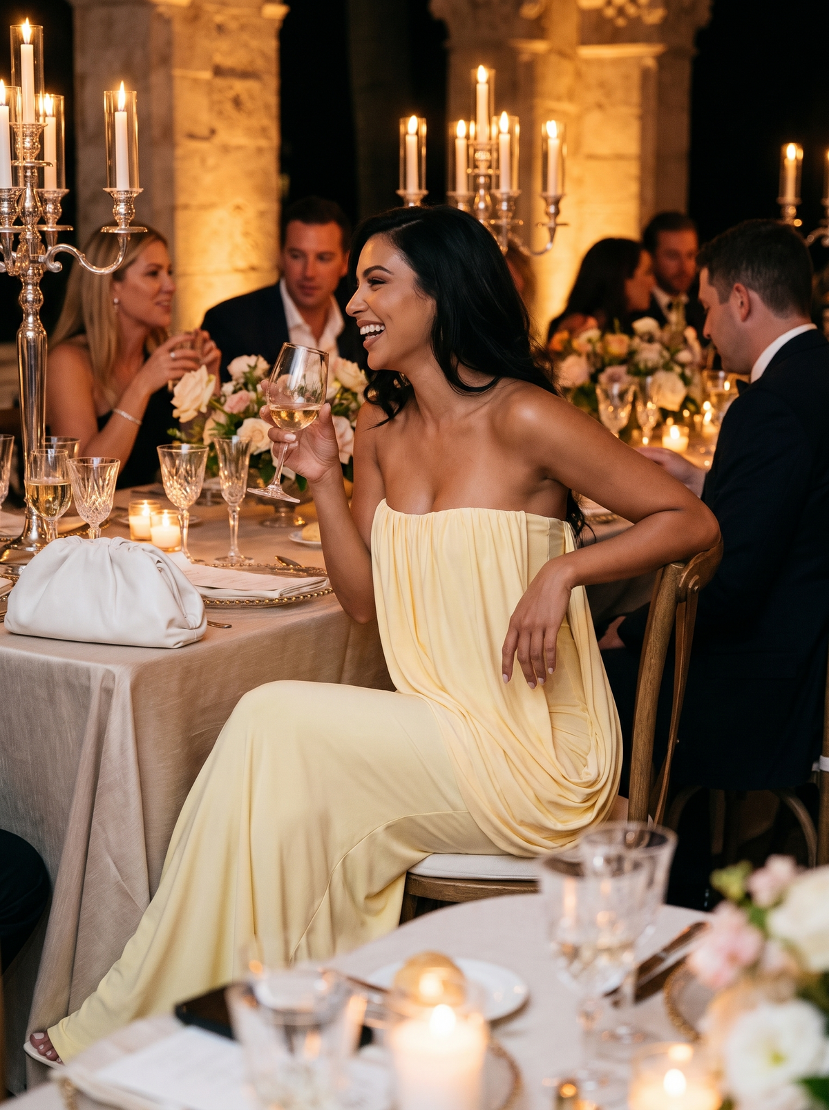 Strapless draped maxi gown at an elegant evening dinner
