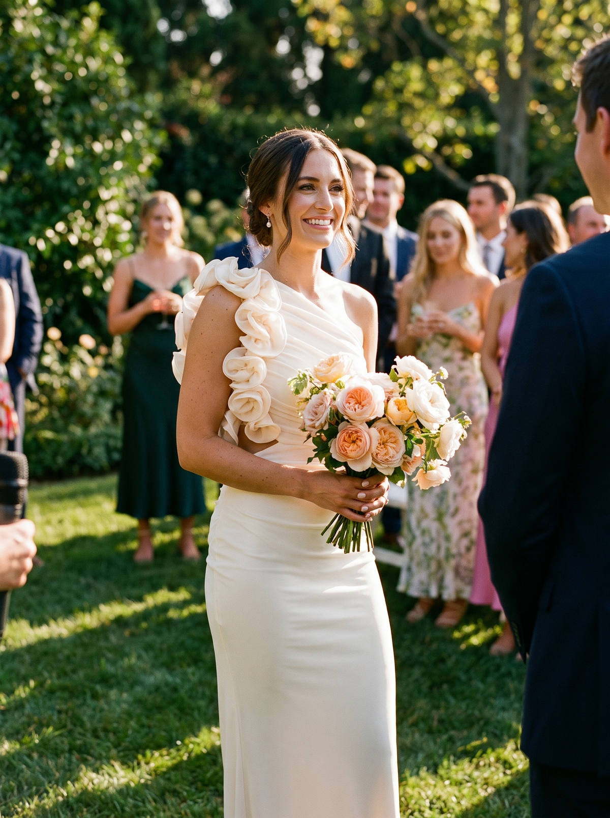 One shoulder floral trim maxi gown at a garden wedding